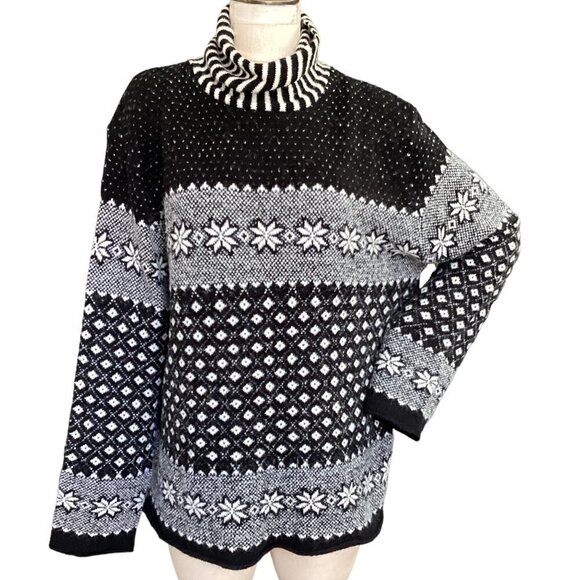 Crossing Pointe Turtleneck Sweater Nordic Fair Isle XL Black Gray White #177F - Picture 1 of 7